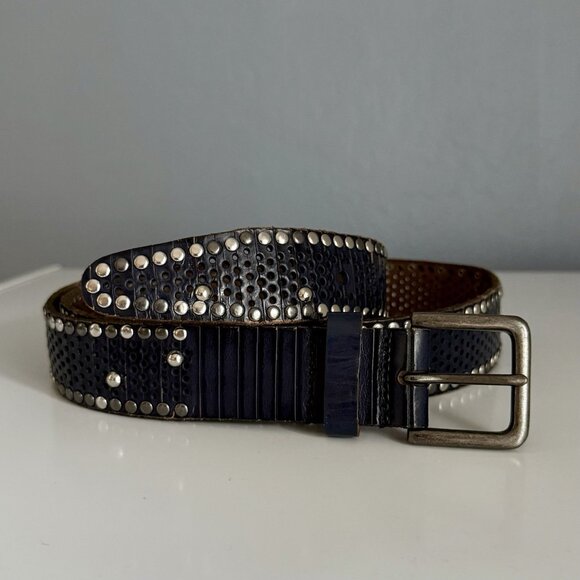 Amsterdam Heritage Navy Blue Metal Studded Italian Leather Belt Sz 95 (34”-39”) - Picture 2 of 8